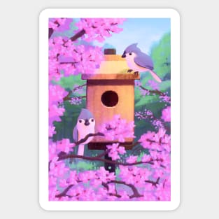 Tufted Titmouse House With Redbuds Sticker